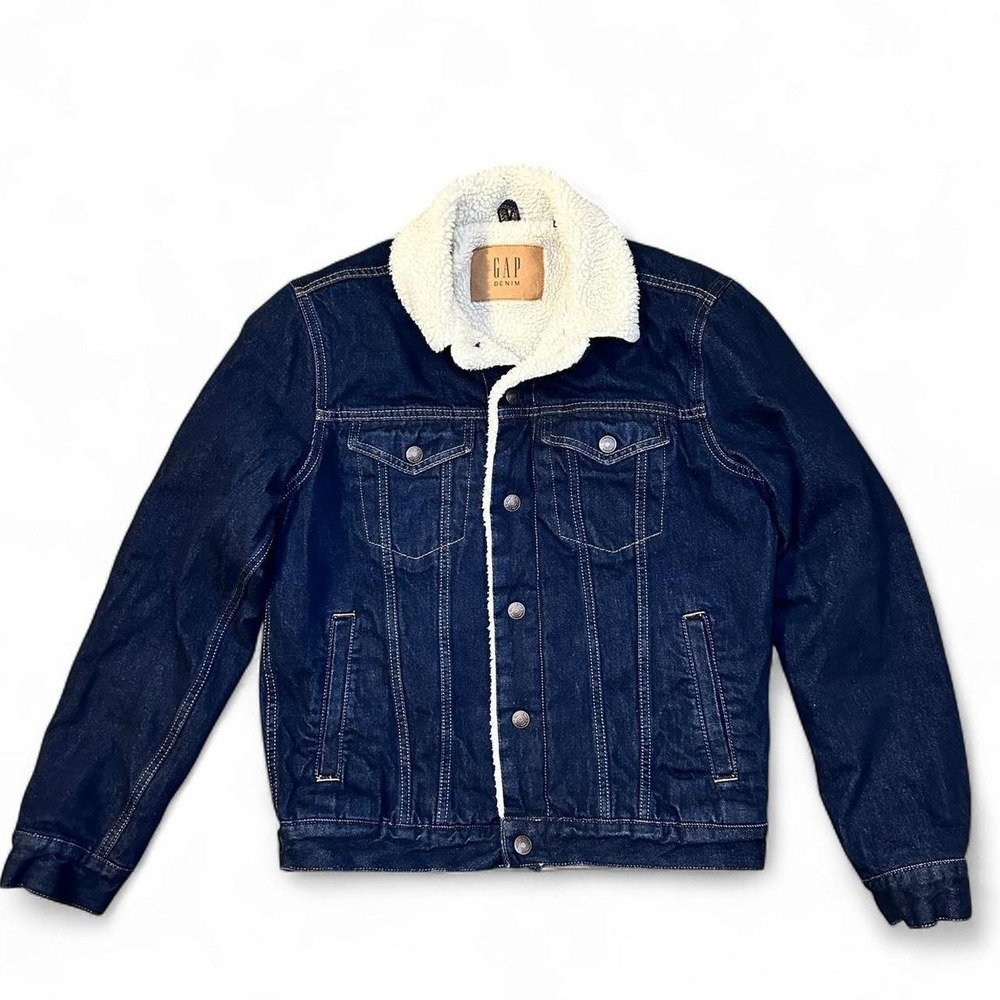 GAP Dark Rinse Denim Jacket Sherpa Lining Men Small Trucker Jean Indigo